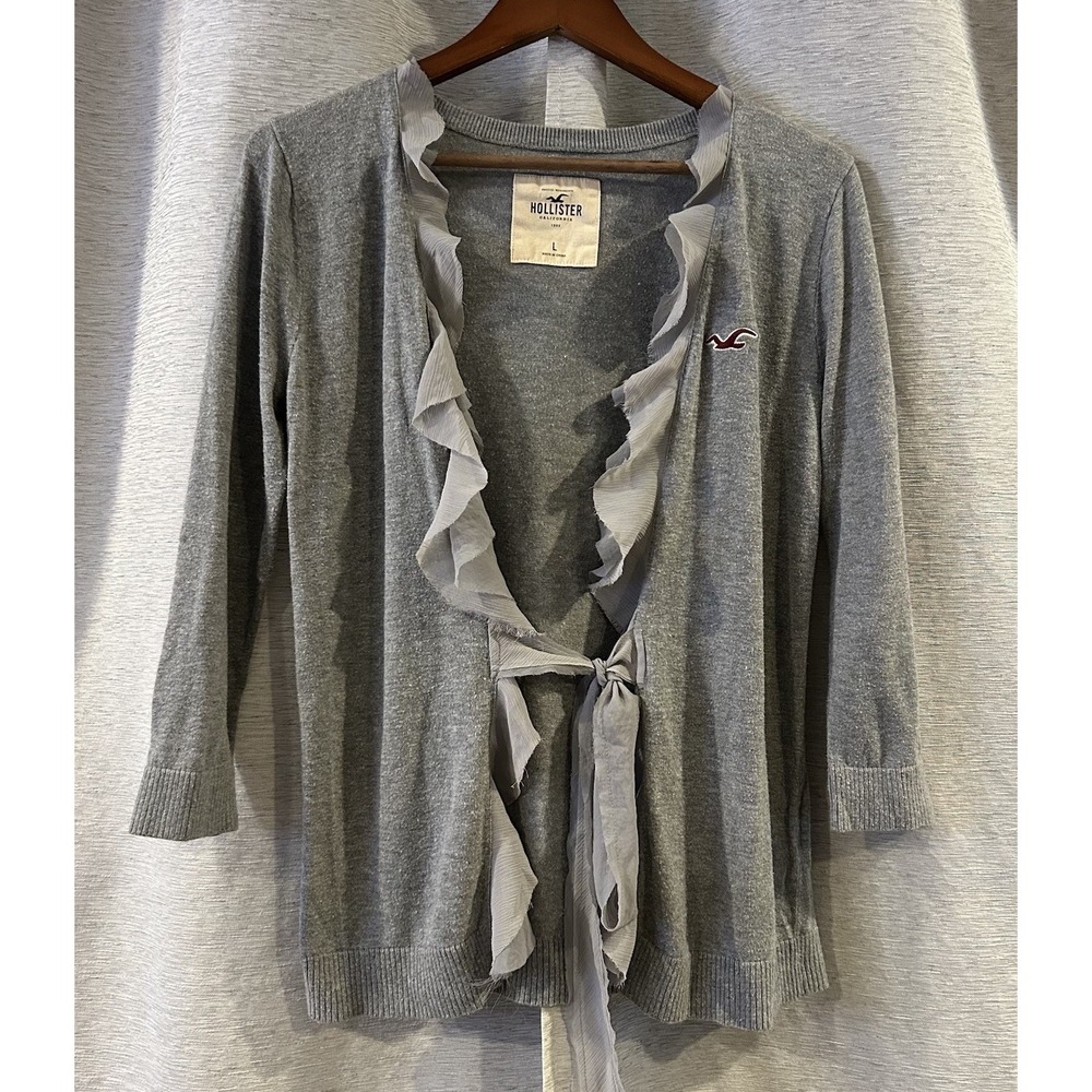 Hollister Open Cardigan Gray Sz Large, Lace Tie Ruffled Waterfall Y2K‎